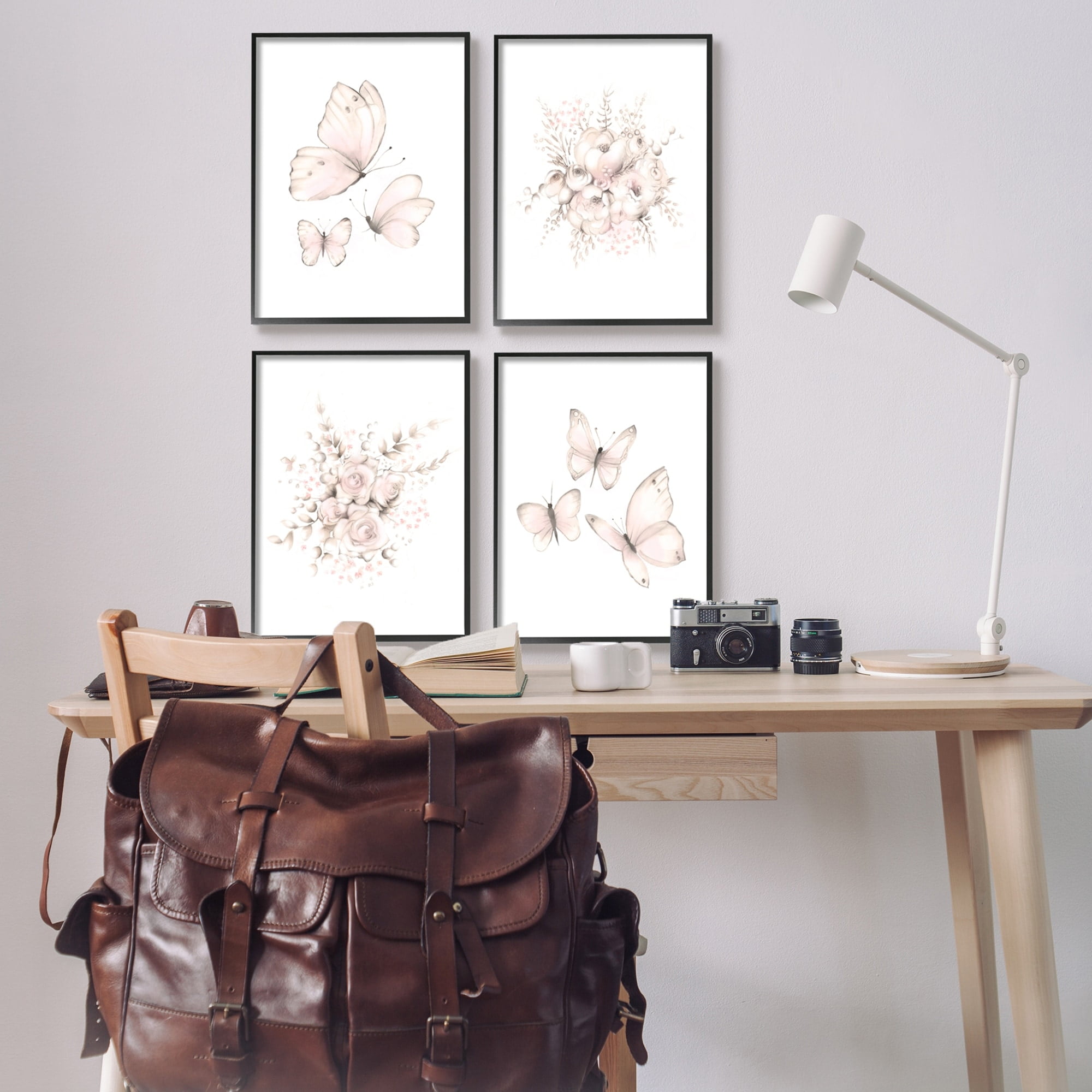 Stupell Industries Pastel Floral Blossoms Butterfly Insect Nature Painting Graphic Art Black Framed Art Print Wall Art, Set of 4, Design by Studio Q