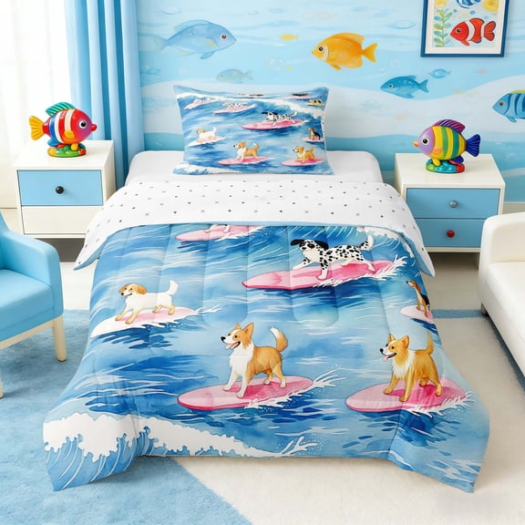 Manfei Watercolor Dog Surfing Twin Comforter Sets for Kids Boys and Girls, Animal Print Bedding Set, Reversible 2-Piece, 1 Comforter and 1 Pillowcase