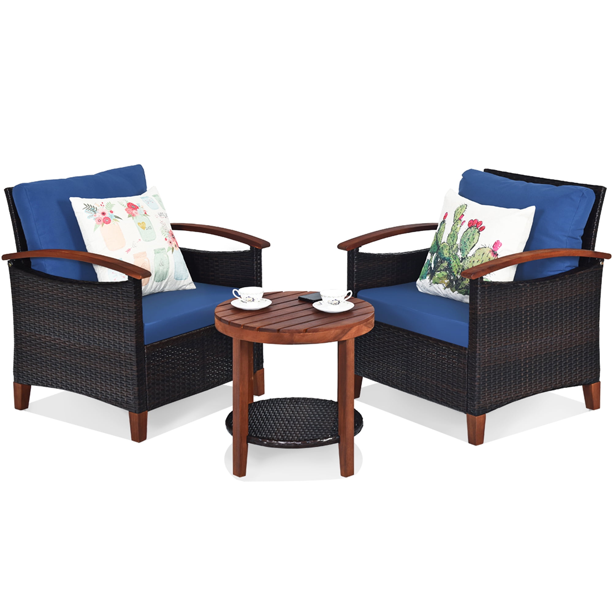 Patiojoy 3-Piece Outdoor Rattan Wicker Set, Acacia Wood, Sofa & Table ...