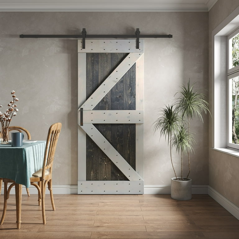 36 in. x 84 in. K Series Smoky Grey Finished Knotty Pine Wood Sliding Barn Door with Hardware Kit 36 in. x 84 in. K Series Smoky Grey Finished Knotty Pine Wood Sliding Barn Door with Hardware Kit