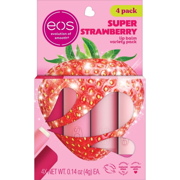 eos Super Strawberry Lip Balm Variety Pack, Made for Sensitive Skin, 0.14 oz, Pack of 4
