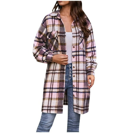Dazajoo Womens Classic Plaid Shirt Casual Lightweight Button Down Long Sleeve Blouses with Pockets 2024 Winter Lightweight Lapel Drape Shoulder Long Shirts for Women Lightning Deals Pink XL