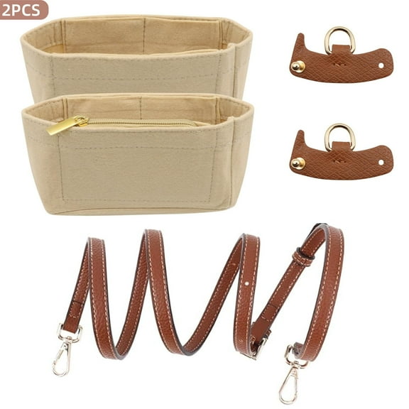 VEGCOO 2-Pack Mini Felt Purse Organizer Insert, Multi-Pocket Handbag Organizer with Adjustable 0.47" No-Punch Strap (Beige, 6.3"L x 3.15"W x 5"H) - Fits Small Totes & Crossbody Bags