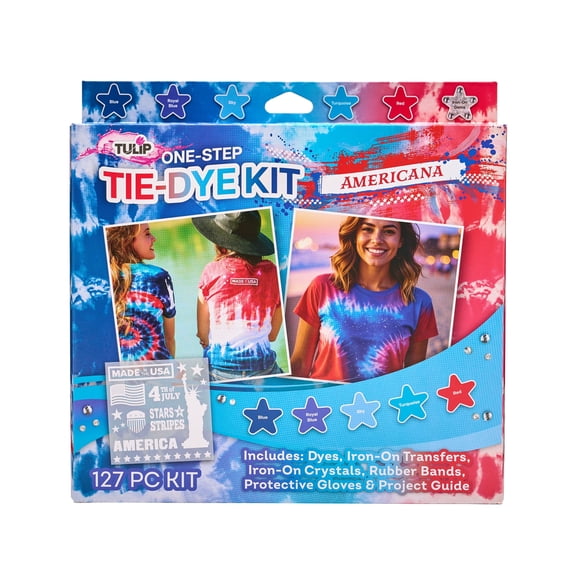 Tulip Tie-Dye Kit Americana - Patriotic Red, White & Blue One-Step Fabric Dye Set with Iron-On USA Embellishments