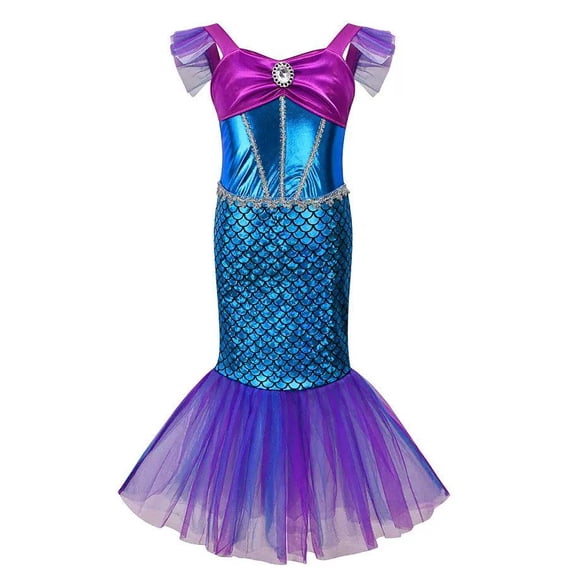 Blue Mermaid Dress with Scale Pattern, Purple Bow & Tulle, Girls Holiday Outfit