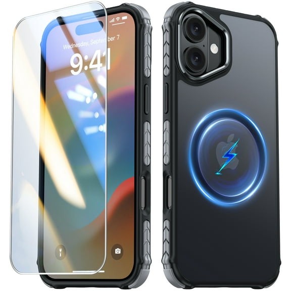 ANTSHARE Magnetic Case For iPhone 16 Plus, [1*9H Screen Protector] [Anti-Fingerprint], Translucent Matte Back Slim Shockproof Case For iPhone 16 Plus 6.7 inches - Black