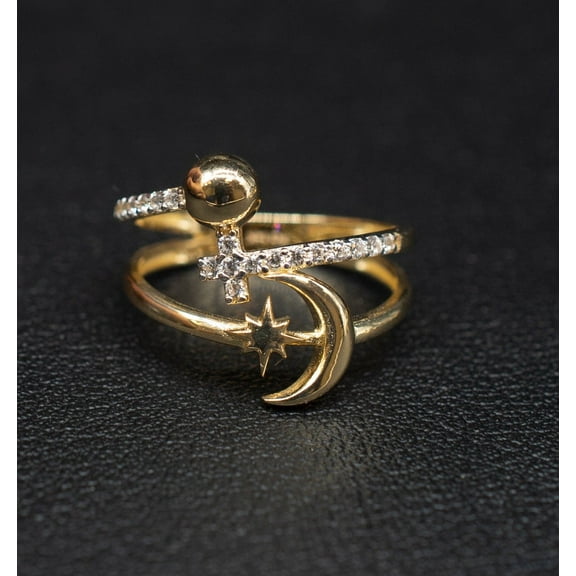 14k Real Solid Yellow Gold Bead Ball, Cross, Moon and Star Ring, 14k Solid Gold Women Ring, Cross Gemstone Gold Ring for Women, Gold Ring (Ring size:6 1/2;)