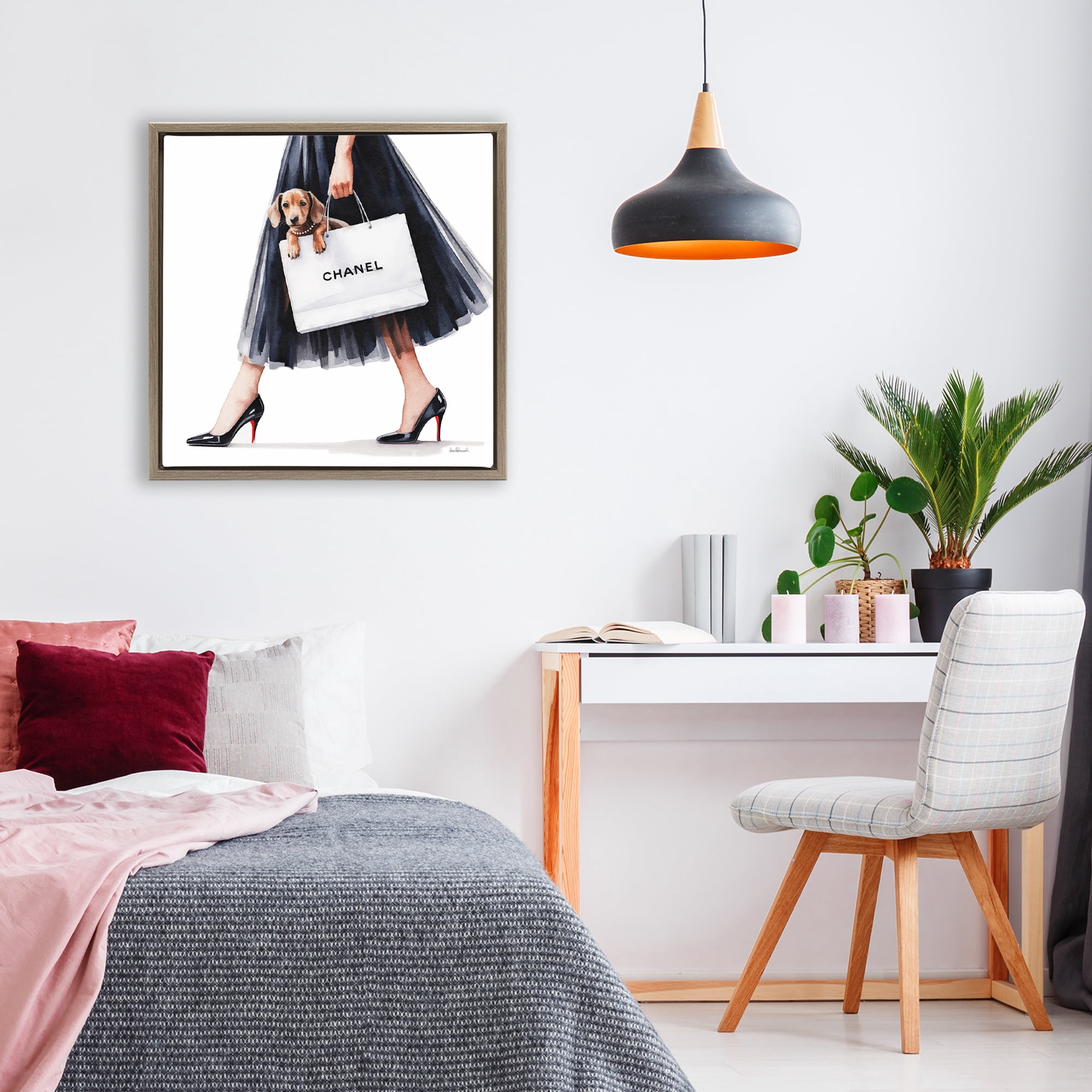 Stupell Industries Elegant Dog & Shopping Bag Brown Framed Floater Canvas Wall Art, design by Amanda Greenwood