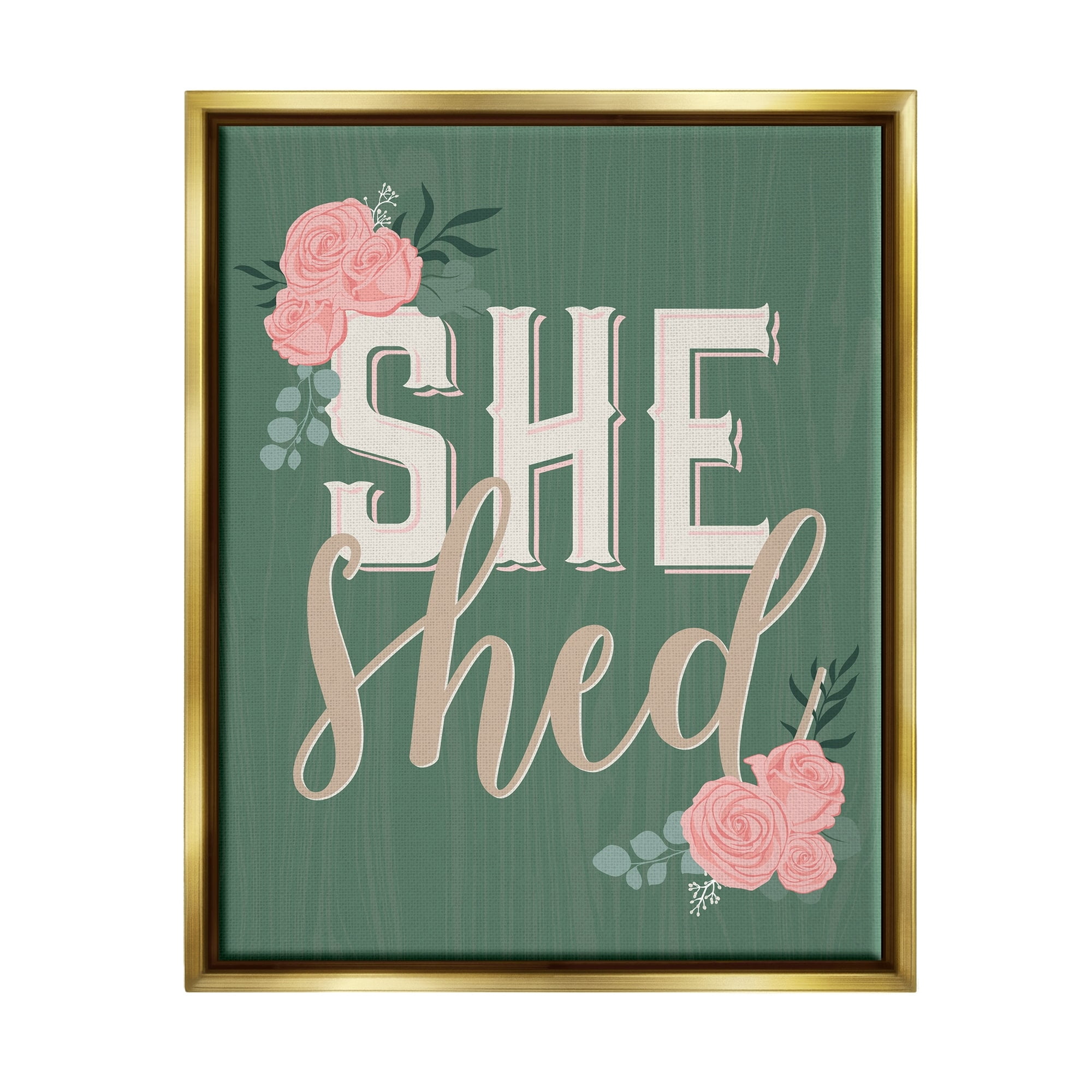 Stupell Industries She Shed Floral Pink Rose Calligraphy Sign Graphic Art Metallic Gold Floating Framed Canvas Print Wall Art, Design by Angela Nickeas