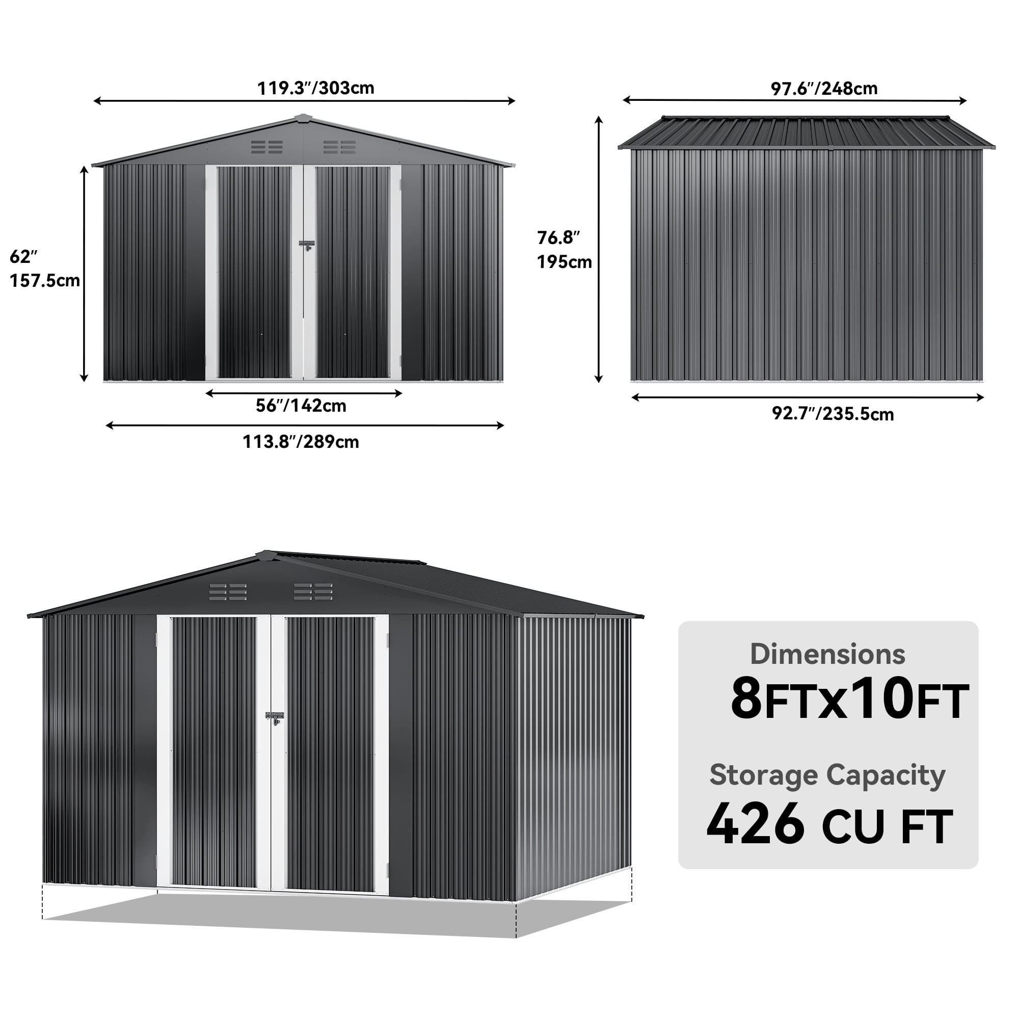 Dextrus 10x8ft Large Metal Outdoor Storage Shed, Heavy Duty Tool Storage Sheds House with Lockable Doors & Air Vent，Waterproof