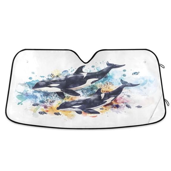 Watercolor Killer Whales Car Windshield Sun Shade Foldable Car Front Window Visor Heat and UV Protection 53x23.5