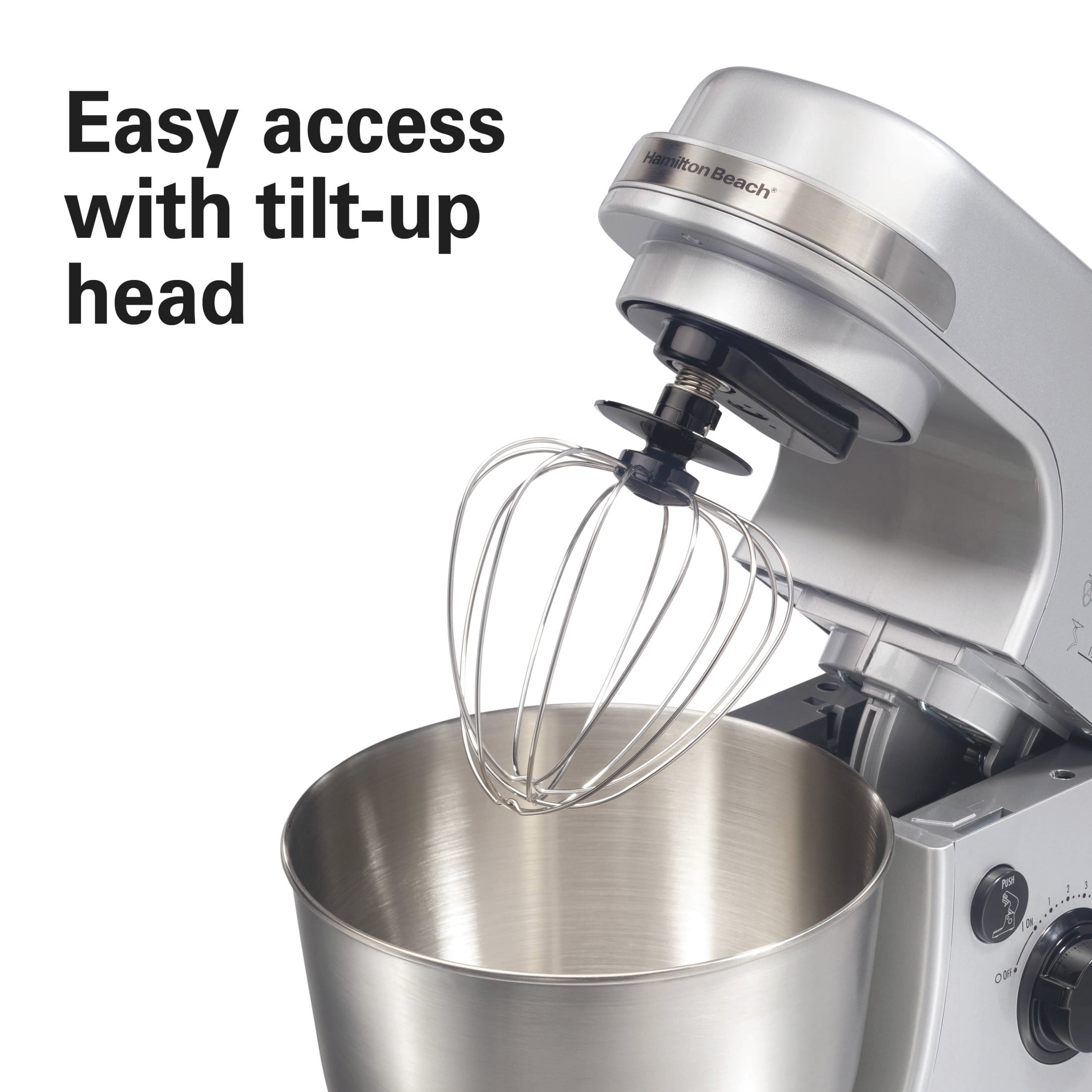 Hamilton Beach 4 Quart Stand Mixer for Kitchen, 7 Speeds, Tilt-Head, Dough Hook, Whisk & Flat Beater, Silver