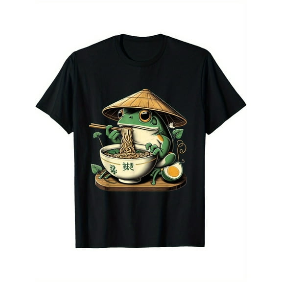 Men'S Black Cotton T-Shirt with Adorable Frog Eating Ramen Graphic - Japanese-Inspired Anime Design, Short Sleeve, Round Neck, Casual Summer Tee for Fans, mfortable Fit