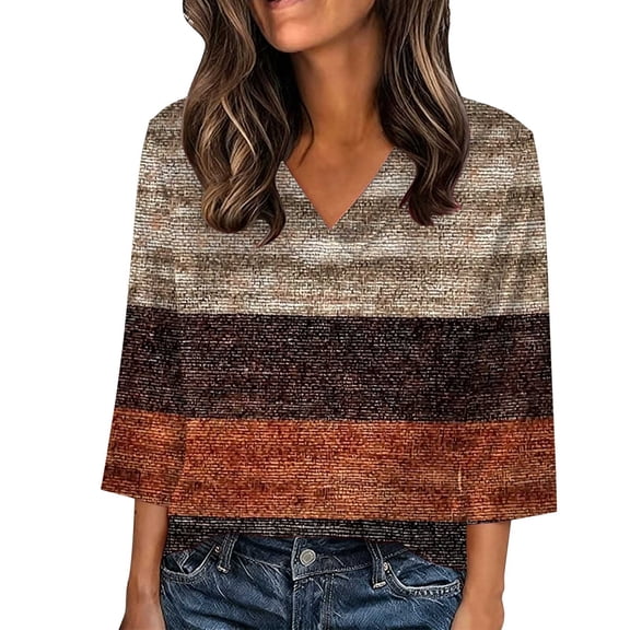 Uootdi Floral Print Graphic 3/4 Sleeve T Shirts Womens Summer Tops Colorblock V-Neck Casual Tops for Women Vintage Dressy Loose Fit Trendy Outfits Gift