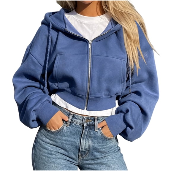 Atogsazn Women Full Zip Cropped Hoodie Casual Long Sleeve Hooded Sweatshirt Drawstring Fall Winter Loose Tops Blue M Fashion