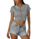thumbnail image 1 of Camiseta de manga corta con cuello vuelto para mujer, Top corto de punto acanalado con botones de Color puro ajustado para citas, 1 of 8