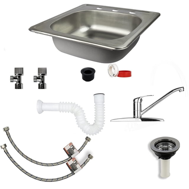 kit completo de tarja sencilla con mezcladora monomando para cocina tarja de acero inoxidable 201 48x48 cm con tazón de 13 cm y 3 orificios; mezcladora monomando cromada con cuello de acero inoxidable; dos válvulas angulares, dos mangueras flexibles 1/2" x 40 cm; cespol flexible PVC 1 1/4"–1 1/2"; contra canasta cromada con extensión, empaque conector y cinta teflón. Componentes dispuestos sobre fondo blanco; suele usarse también para reemplazo o instalación rápida en cocinas compactas.