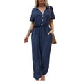 thumbnail image 2 of Combinaison pour Femmes, Mode Été Couleur Unie Col Rabattu Manches Courtes Bouton Poche Combinaison Décontractée, 2 of 8