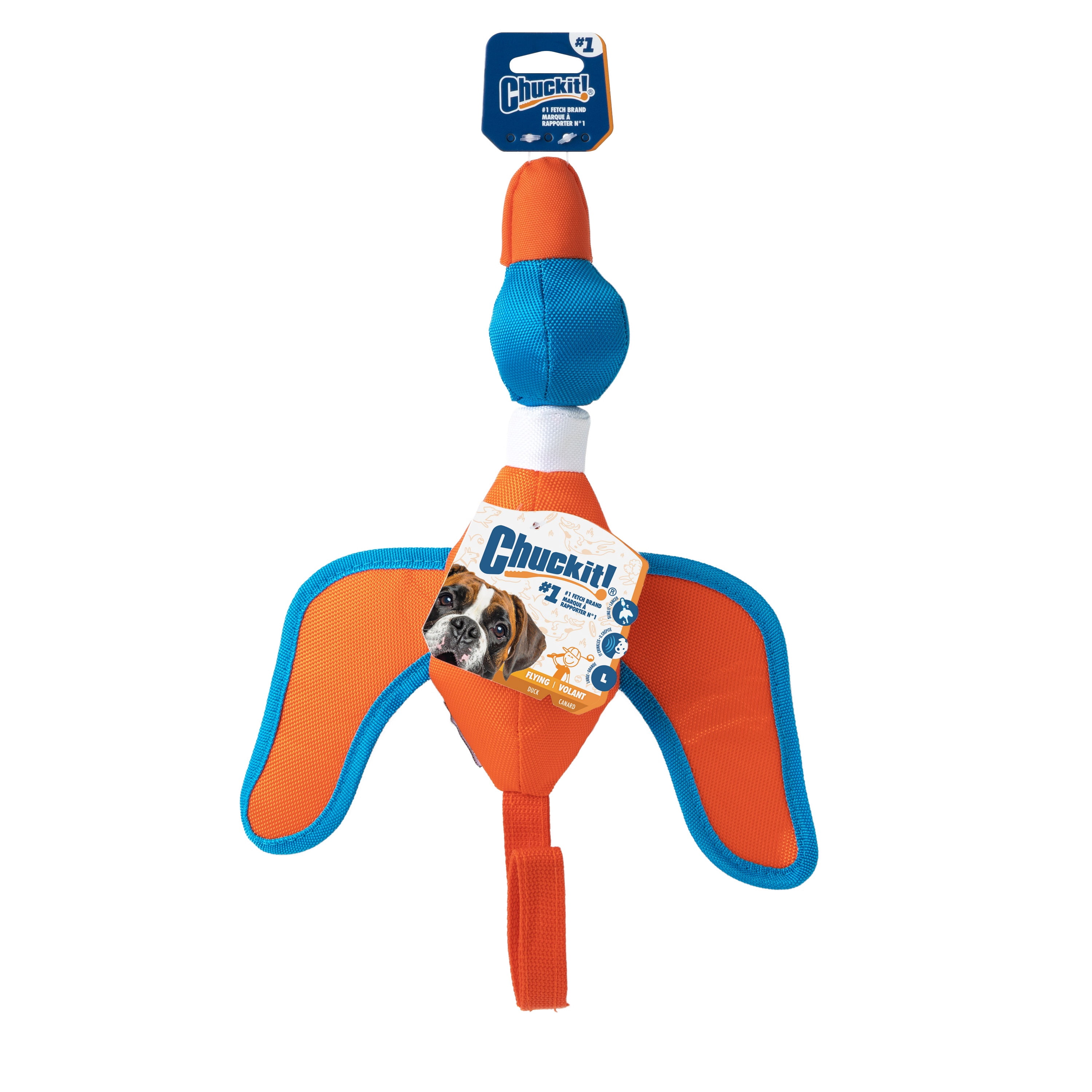 Chuckit! Flying Duck Slingshot Fetch Toy, Orange & Blue – Crinkle Fabric Duck for Dogs Up to 100 lb, Pack of 1