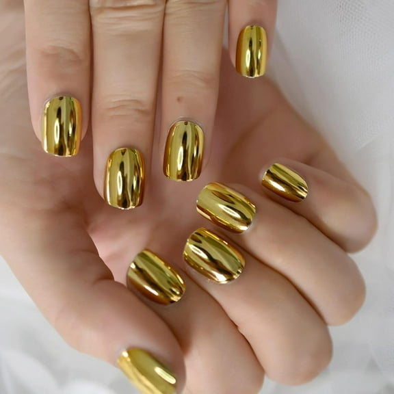 Chrome Gold Press on Nails Short Square Fake Nails Mirror Metallic False Nails Gold Glue on Nails Aurora Stick on Nails Reusable Artificial Acrylic Nails for Women Girls Manicure 24 PCS 325-13 24 Fl