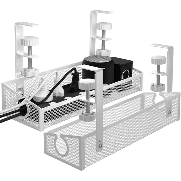 Under Desk Cable Management Tray White, No Drill Desk Cable Management Organizer with Clamp for Desk Wire Management, PC Cord Organizer Accessories & Workspace Organizers for Office, Home(2 Pack)