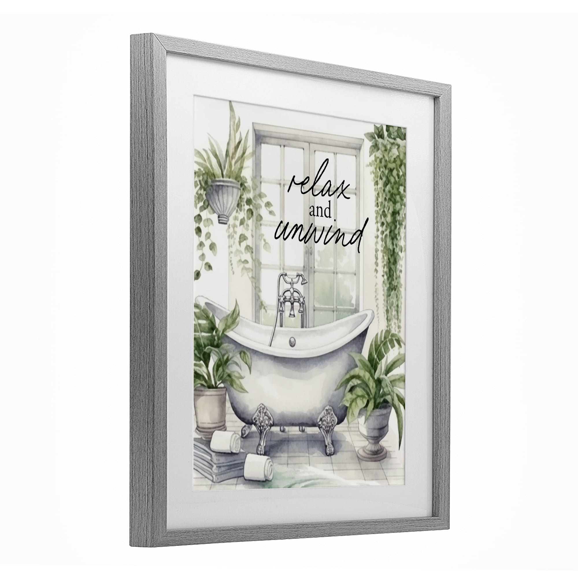 Relax Unwind Bath & Foliage Gray Framed Print Under Glass, design by Lettered and Lined