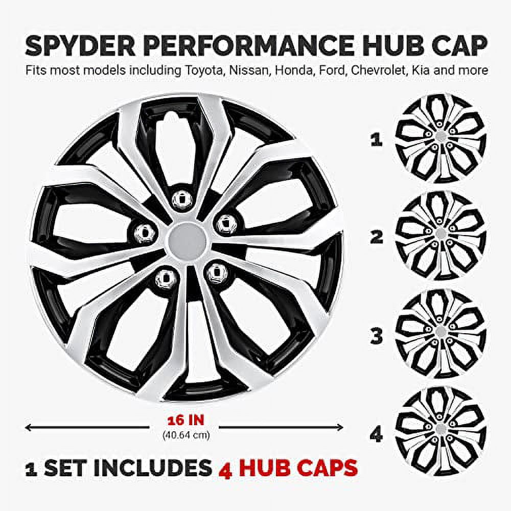 Pilot Automotive WH553-16S-BS 16 Inch Spyder Black  Silver Universal Hubcap  Wheel Covers For Cars Set Of Fits Most Cars