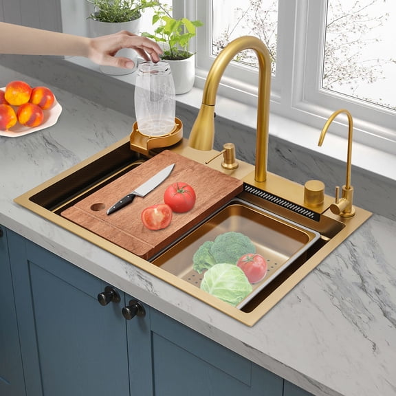 Golden Brushed Stainless Steel 2-in-1 Kitchen Sink with Pull-out Faucet 68x46x22cm On-Countertop Basin for Home, Hotel