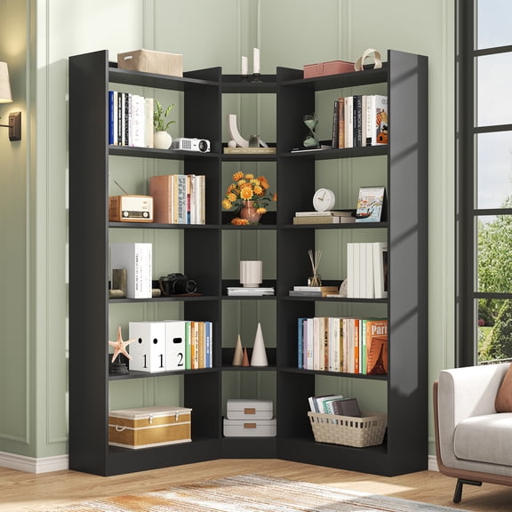 Triple Wide Corner Bookcase with 15 Cube, 6-Tire Bookshelf Display Storage Cabinet, Modern L-Shape Shelf Living Room Furniture for Home Office, Black
