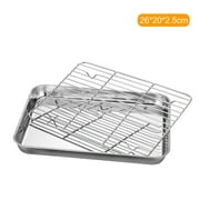 Stainless Steel Flat Bottom Baking Tray with Mesh Set Square Barbecue Plate with Cooling Rack Drip Pan Baking Plate Barbecue Tray Bakeware (23*17*2.5cm)