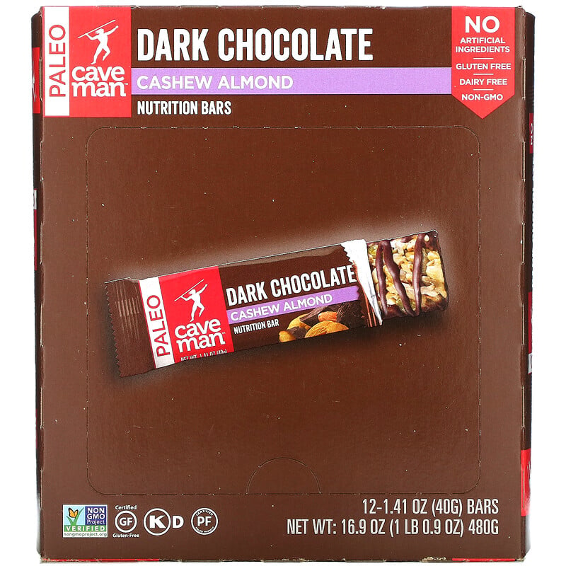Caveman Foods Nutrition Bars Gluten Free Paleo Dark Chocolate Cashew Almond 12 Bars