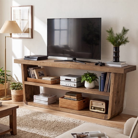 63 inch Solid Wood TV Stand, 3-Tier Entertainment Center with Storage
