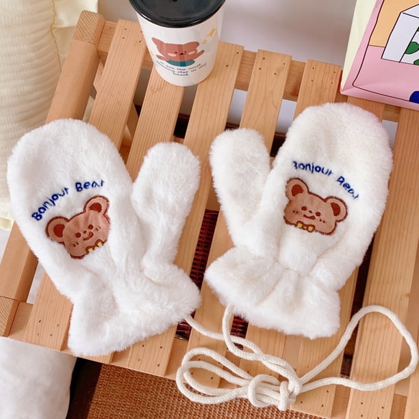 Guantes de mujer de invierno con forro de terciopelo para estudiantes, lindos guantes de algodón con forma de oso, guantes de felpa largos y gruesos
