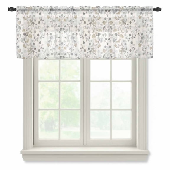 Gray Botanical Valance Curtains for Kitchen/Living Room/Bathroom/Bedroom Window, Rod Pocket Small Topper Half Short Window Curtains Voile Sheer Scarf, Farmhouse Spring Summer Floral Leaves 54"x18"