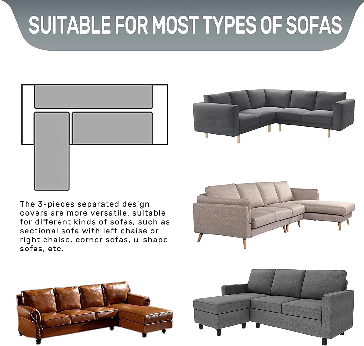 L Shape Sofa Slipcover Reversible Sectional Couch Cover Chaise Lounge Cover Furniture Protector Cover,Medium Size,Black