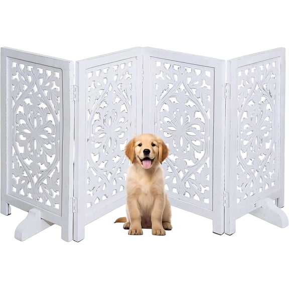 The Wooden Town Foldable Free-Standing Pet Gate, 4-Panel Wooden Dog Barrier, 56" W x 28" H, White Finish, Hand-Carved Solid Wood & MDF