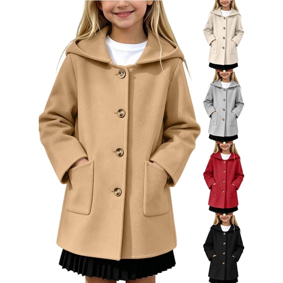Girls Hooded Wool-Blend Trench Coat Mid Length Button Front Jacket with Pockets for School Dress Casual and Winter Ages 4-15