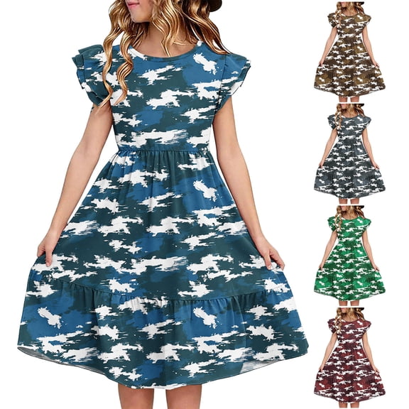 THDHVS Kids Dress,Delightful Summer Dress with Double Ruffle Sleeves for Girls Casual Wear Outdoor Activity and Special Day,Dresses for Girls Camouflage