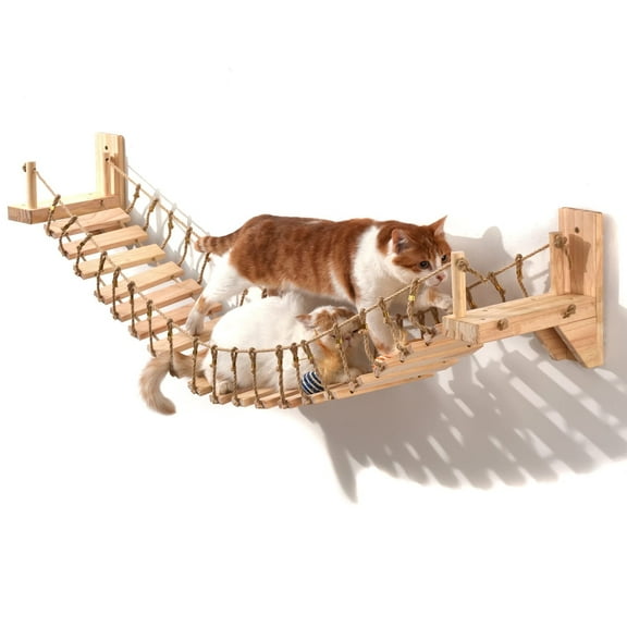QLFYUU 40" Wall-mounted Cat Roped Bridge for Indoor Cats  Wooden Steps Beige