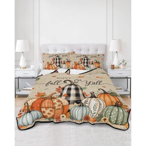 Twin Quilt Bedding Set Thanksgiving Pumpkin Autumn Maple Leaves Summer Quilt Lightweight Quilted Coverlet with 2 Pillow Shams, Retro Linen 3-Piece Bedspread Quilt Set for All Season