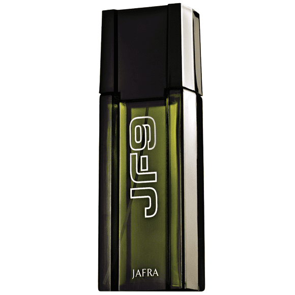 fragancia jafra jf9 clásica verde 100ml frasco rectangular verde translúcido con tapa negra, vista frontal con logo vertical "JF9" en blanco y marca JAFRA en la base; perfume para hombre a menudo elegido como regalo.