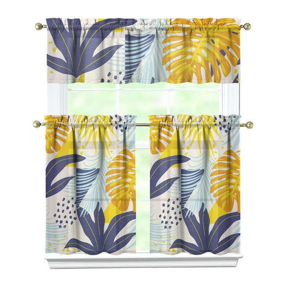 Hawaiian Tropics Kitchen Curtains Set 27.5x36in Polyester Valance and Tier Panels, Floral Leaves Window Curtains for Beach House or Summer Themed Kitchen Decor