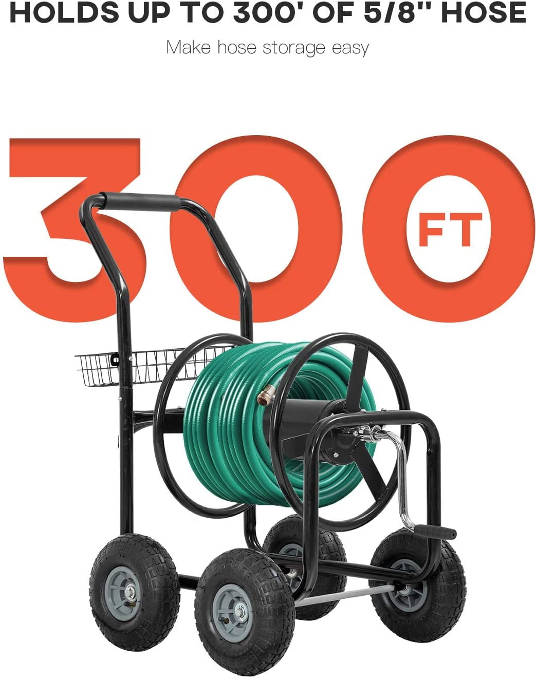 FDW Garden Hose Reel Cart, Water Hose Cart with 4 Wheels, Hold Up to 300 ft of 5/8’’ Hose,Black