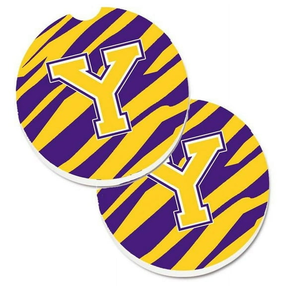 Letter Y Monogram Tiger Stripe Purple & Gold Set of 2 Cup Holder Car Coaster