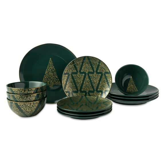 Thyme & Table Holiday Tree 12-Piece Ceramic Dinnerware Set - Green
