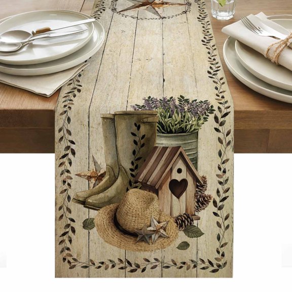 Vintage Farmhouse Table Runner - 36 Inch Long, Kitchen Dining Table Runner Dresser Scarves, Retro Country Boots Flowers Leaf Wooden Plank Farmhouse Decor for Coffee Tables Wedding Party Banquet