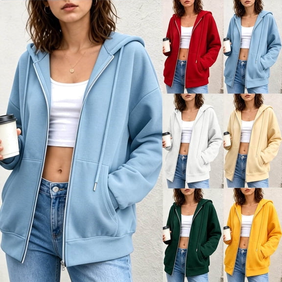 Brnmyaeo Womens Zip Up Hooded Jackets Oversized Teengirl Sweatshirts 2026 Trendy Comfy Fleece Lined Long Sleeve Pockets Jacket with Drawstring