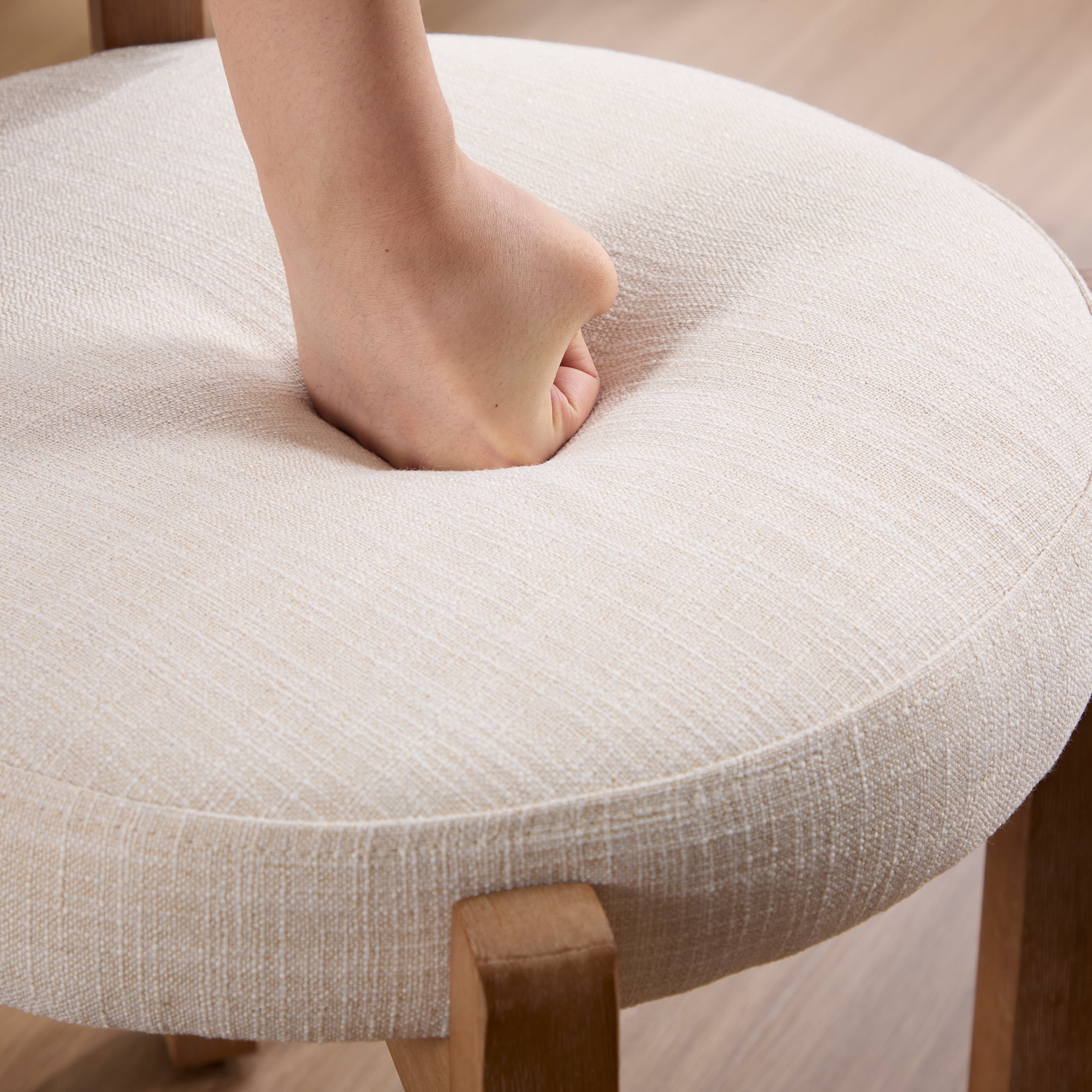 Guyou Wooden Vanity Chair Set of 2, Modern Linen Upholstered Small Ottoman Footstool, Lovely Round Makeup Stool for Bedroom Living Room Makeup Room, Beige
