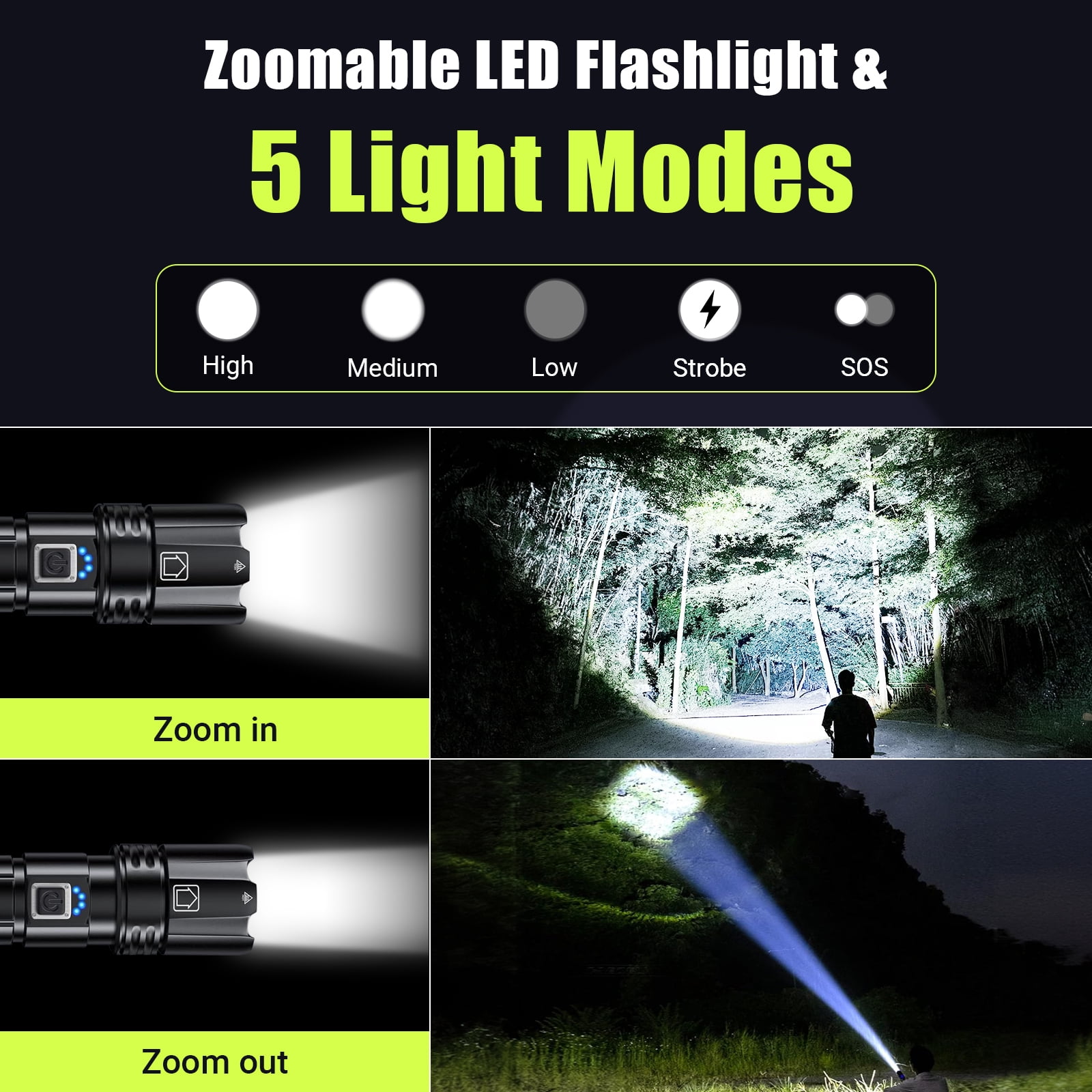 AMBLER LED Flashlight, High Powered 10000 Lumens 5 Modes Zoomable Waterproof Rechargeable Flash Lights for Emergency Outdoor Indoor