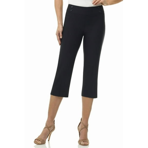 Rekkuna Women's Comfort Stretch Pull-On Straight Leg Capri Pant with Buttons at the Waist (6, Black)